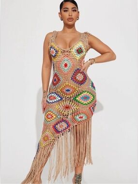 Love Sense Boho crochet fringe hem maxi dress
